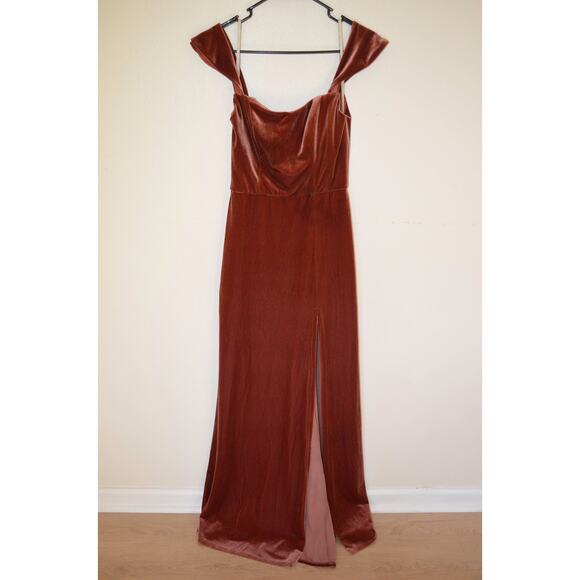 Jenny Yoo Issa Velvet Bridesmaid Off Shoulder Maxi Dress in Cinnamon Rose Sz 4 - Picture 4 of 7